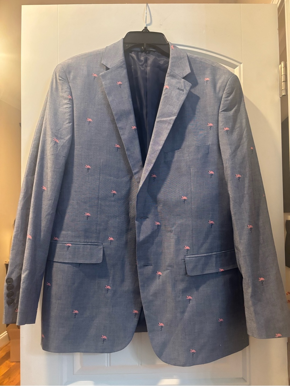 crown & ivy Light Blue Blazer with Pink Flamingo Embroidery